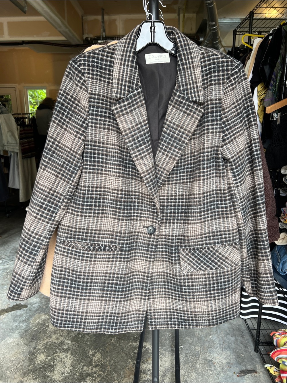 Z Supply Black and Cream Plaid Single-Button Blazer